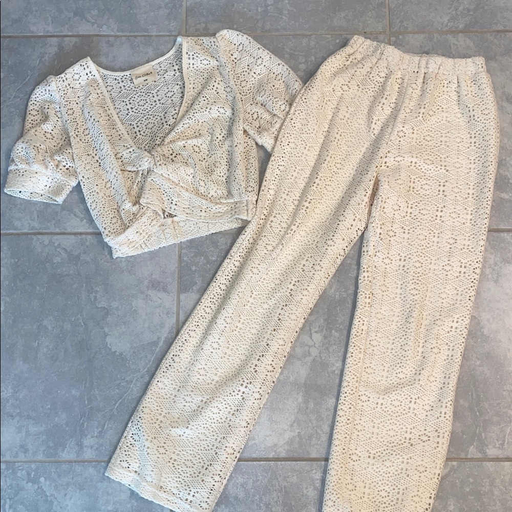 Cream Crochet Top and Pants Set